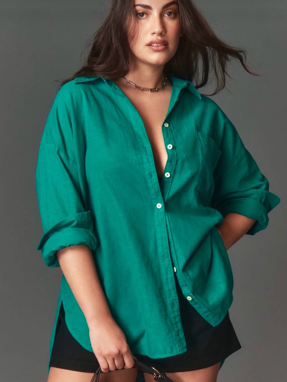 Anthropologie Bennet Linen Cotton Buttondown Shirt, Green, 1X
